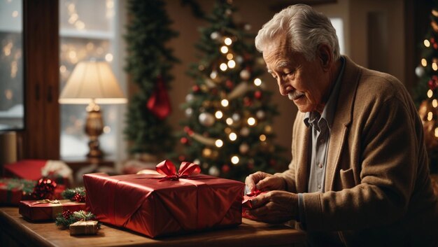 cadeau d'emballage masculin senior à la veille de Noël à la maison