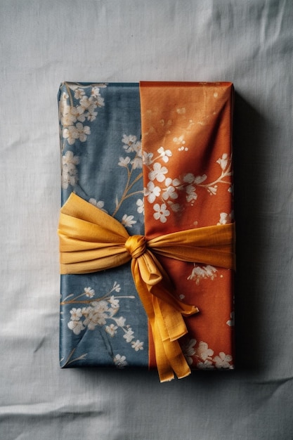 Un cadeau emballé dans un papier bleu et orange avec un motif floral.