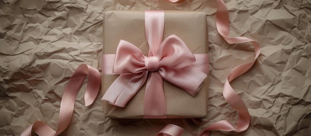 Cadeau enfermé dans du papier brun et un nœud de satin rose