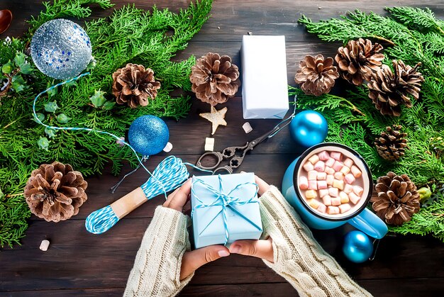 Cadeau entre les mains d'un enfant se préparant pour Noël