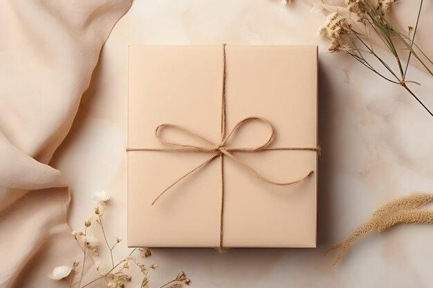 Un cadeau enveloppé dans du papier d'artisanat écologique attaché avec une corde sur une table beige avec un espace de copie