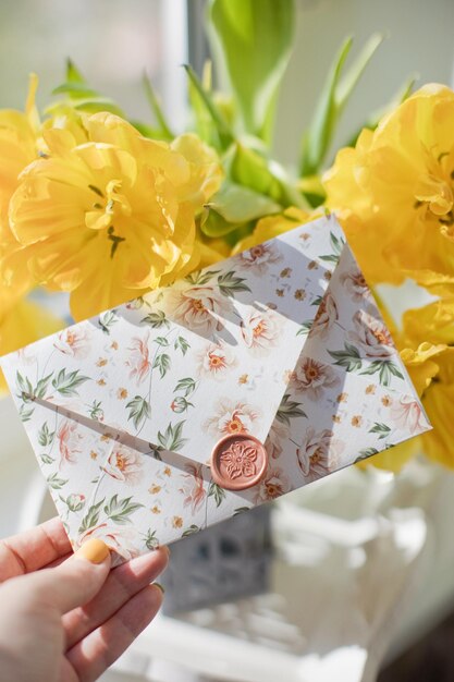 Cadeau d'enveloppe à la main près de fleurs