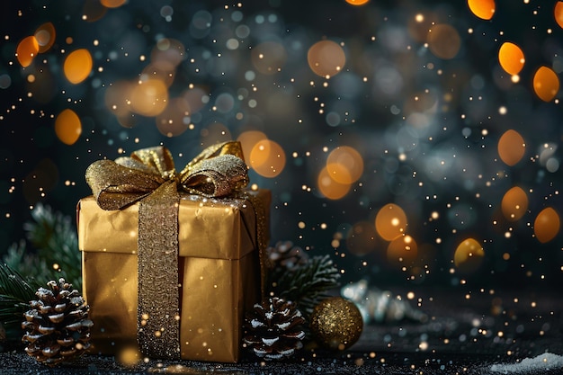un cadeau enveloppé en or avec un arc et des cônes de pin