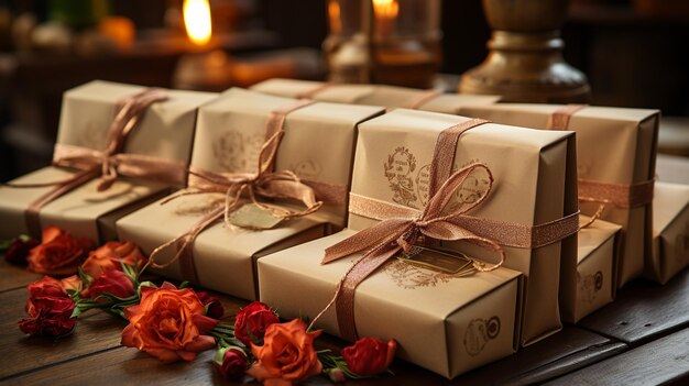 Photo cadeau de mariage avec des rubans sur une table en bois en gros, célébration de la saint-valentin