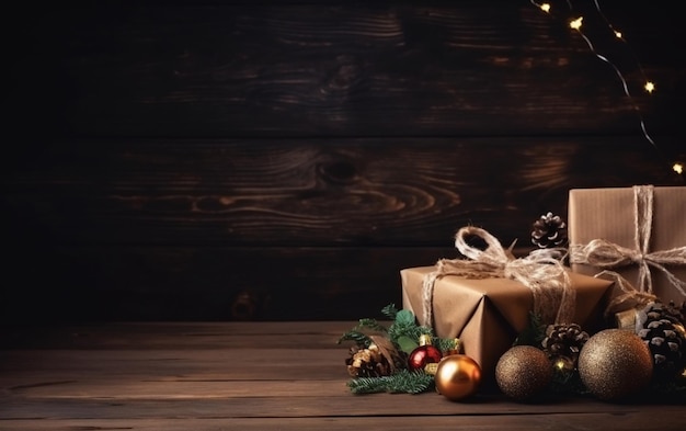 Un cadeau de noël avec une guirlande et un arbre de noël sur la table