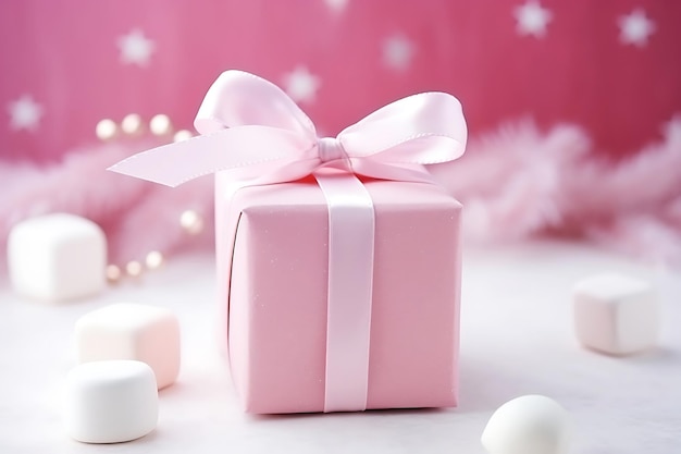 Cadeau de Noël rose en forme de marshmallow sur fond rose Photo horizontale
