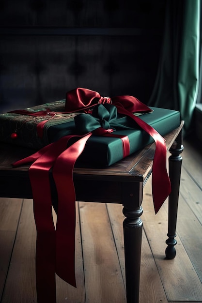 cadeau de noël sur une table en bois avec un ruban rouge