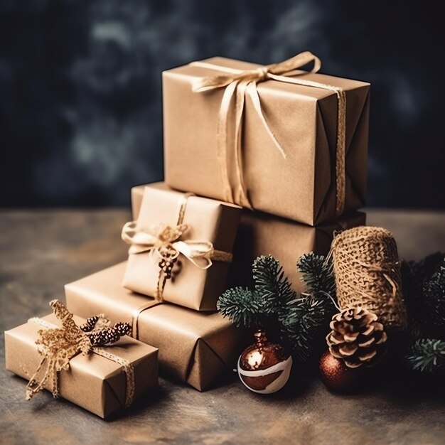 Un cadeau de Noël xmas ou cadeau boîte objets sur fond d'humeur de vacances en hiver Joyeux Noël