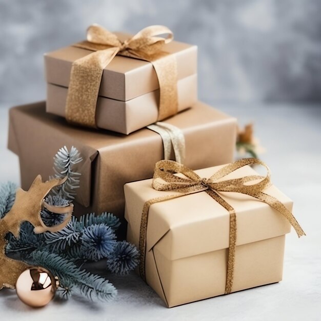 Un cadeau de Noël xmas ou cadeau boîte objets sur fond d'humeur de vacances en hiver Joyeux Noël