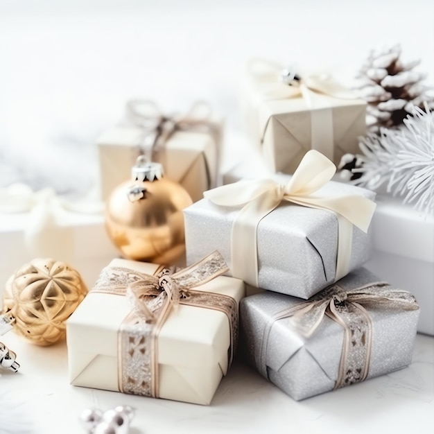 Photo un cadeau de noël xmas ou des objets de boîte à cadeaux sur le fond de l'humeur des vacances en hiver joyeux noël