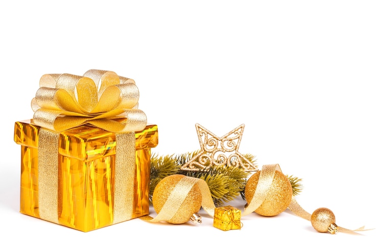 Photo cadeau d'or et décoration de noël