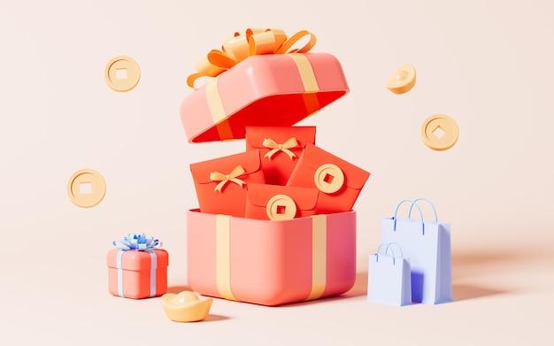 Cadeau d'ouverture avec enveloppes rouges Spring Festival shopping thème rendu 3d