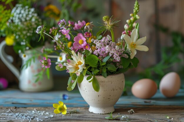 Le cadeau de Pâques de la nature Une tasse d'œufs rustiques débordant de fleurs sauvages colorées de la campagne