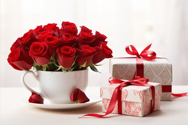 Cadeau romantique pour la Saint-Valentin Des roses rouges vibrantes Un ruban et une tasse de café sur un fond clair