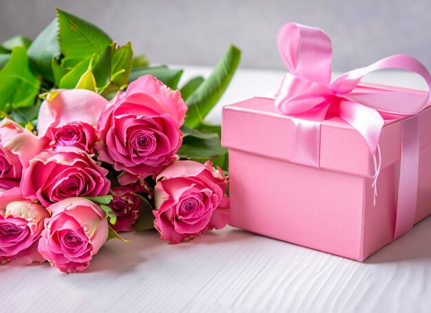 Photo cadeau rose avec bouquet de fleurs