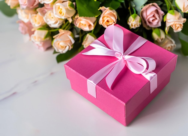 Cadeau rose avec bouquet de fleurs