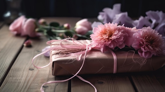 Cadeau rose emballé dans des rubans et décoré pour la fête des mères