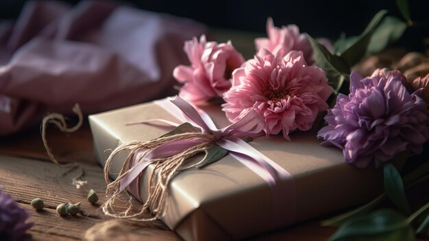 Cadeau rose emballé dans des rubans et décoré pour la fête des mères