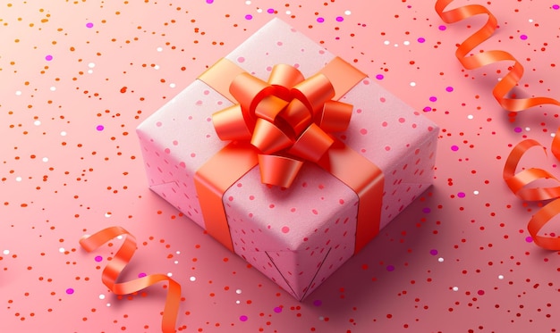 Un cadeau rose avec un nœud orange vif et un ruban sur un fond rose à côté de confetti