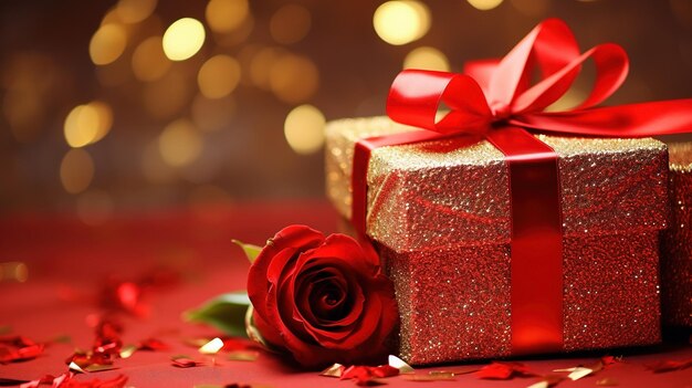 Cadeau de la Saint-Valentin une boîte avec un nœud et des roses gros plan 14 février concept
