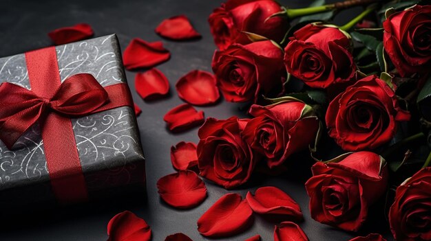 Cadeau de la Saint-Valentin une boîte avec un nœud et des roses gros plan 14 février concept