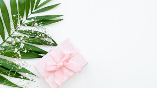 Cadeau de vacances Carte de voeux Boîte cadeau rose avec décor minimal floral de feuille verte isolé sur fond d'espace de copie blanche Composition naturelle Surprise romantique
