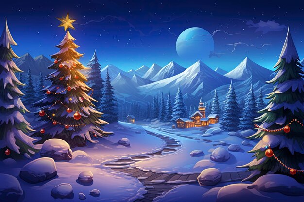 cadeaux avec arbre de Noël brillant la nuit dans la neige dans le style de l'art du jeu 2d