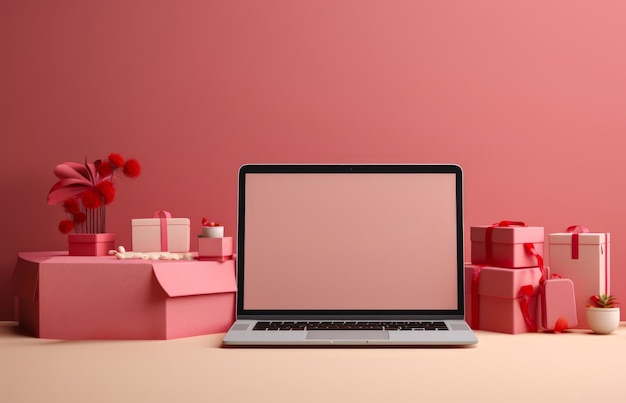 Des cadeaux au fond rouge à côté d'un ordinateur portable avec un écran rose vide