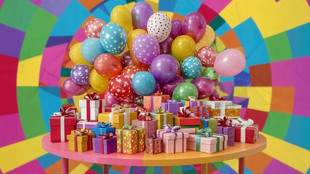 Des cadeaux et des ballons sur un fond coloré