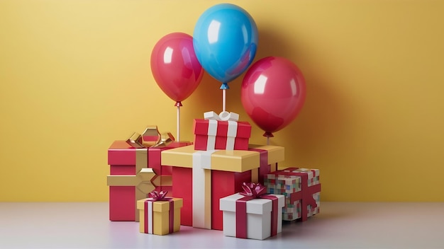 Des cadeaux et des ballons sur un fond coloré