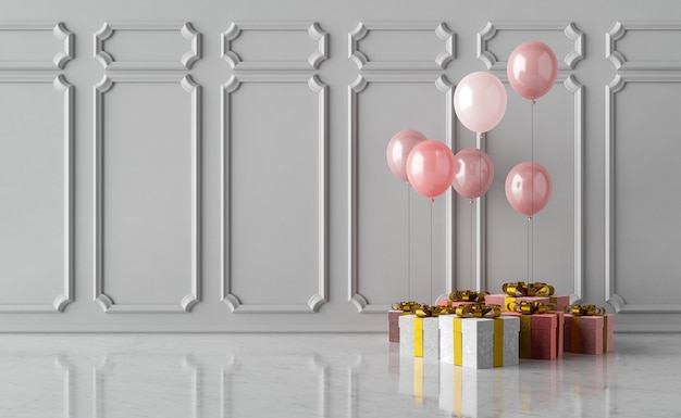 cadeaux avec ballons et mur vide