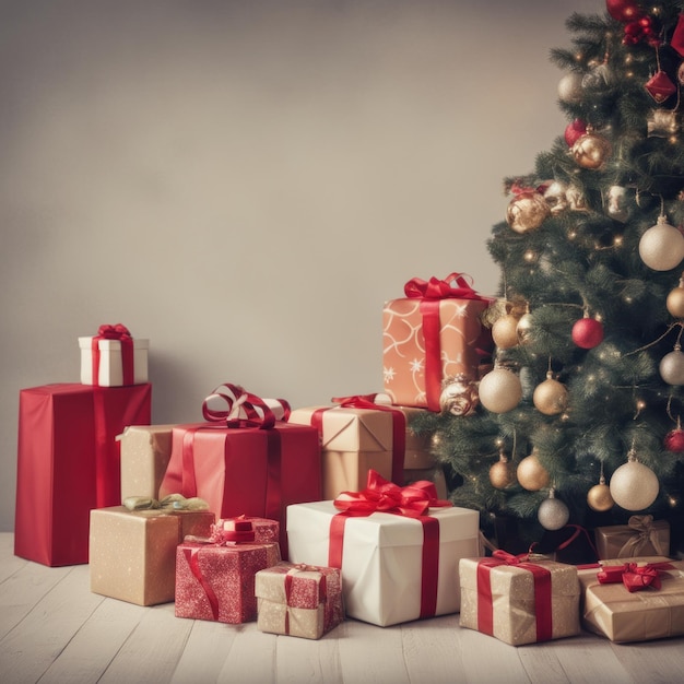 Cadeaux et cadeaux emballés sous le concept de vacances d'hiver de l'arbre de Noël