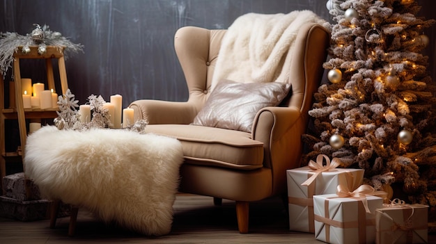 Des cadeaux sur une chaise créant du confort dans un intérieur festif