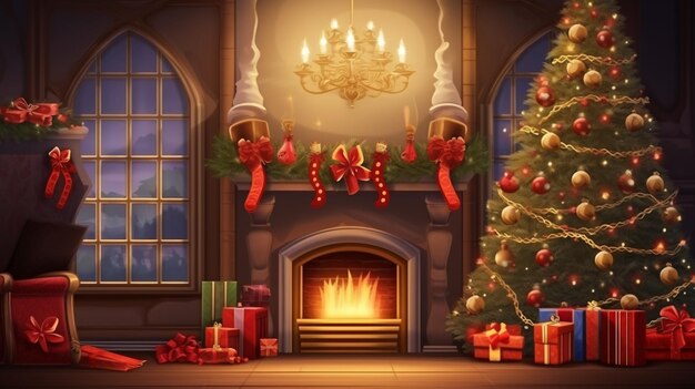 Cadeaux de cheminée d'arbre lumineux magiques de Noël intérieurs dans l'obscurité la nuit