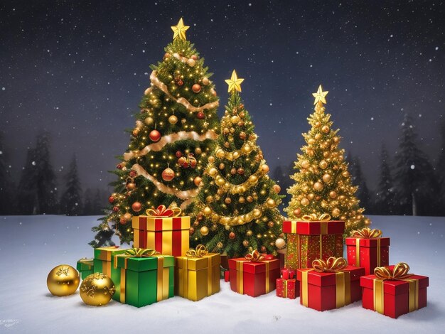 cadeaux de cheminée à l'intérieur de l'arbre lumineux magique de Noël dans le noir la nuit