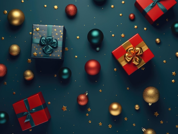Cadeaux et décorations de Noël bleus et or sur fond vert et rouge