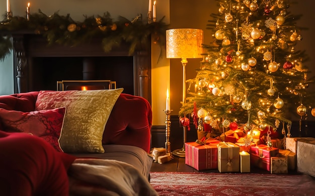 Cadeaux et décorations de sapin de Noël dans l'élégant intérieur de style campagne anglaise classique avec une cheminée Generative AI