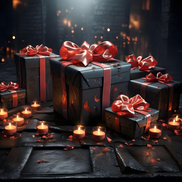 Des cadeaux élégamment arrangés et emballés dans du papier noir avec un nœud rouge tout autour de bougies allumées au dos sombre