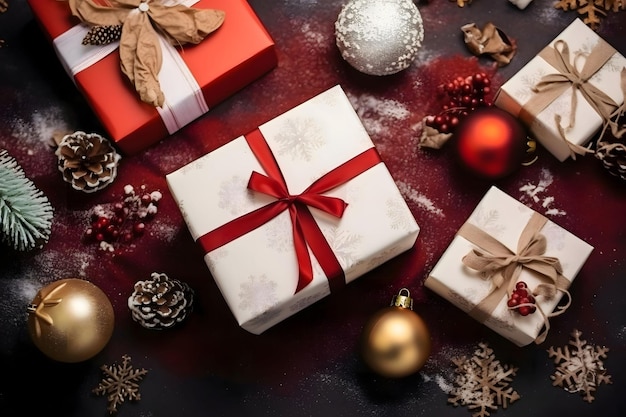 Des cadeaux emballés avec des arcs, des boules de cônes de pin et des flocons de neige vue supérieure bannière de Noël avec de l'espace pour votre propre contenu Couleur de fond sombre