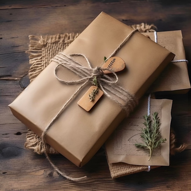 Cadeaux emballés dans du papier kraft attachés avec du jute Toile de jute pour un décor élégant emballage généré par l'IA