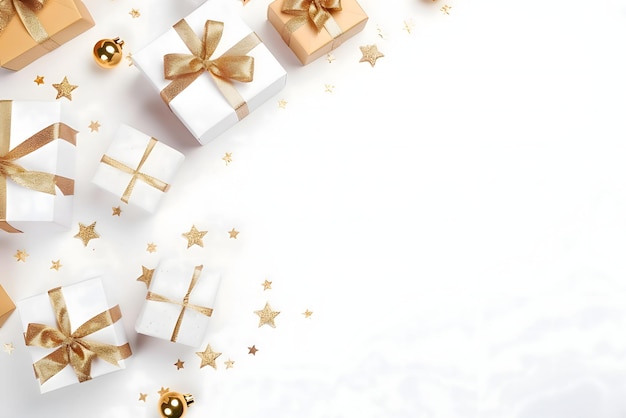 Des cadeaux emballés avec des nœuds et des boules d'or et des confettis en vue supérieure gauche Bannière de Noël avec de l'espace pour votre propre contenu Couleur de fond blanche