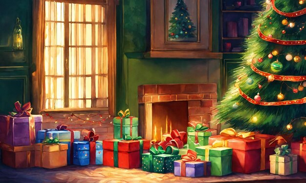 Des cadeaux emballés sous un arbre de Noël avec une boîte de cadeaux de Noël copyspace en gros plan