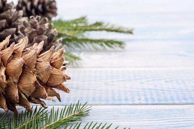 Cadeaux de fond festifs de Noël et cônes de sapin et sur fond bleu