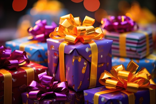 Cadeaux à gogo papier coloré et arcs ajoutant au cadre festif