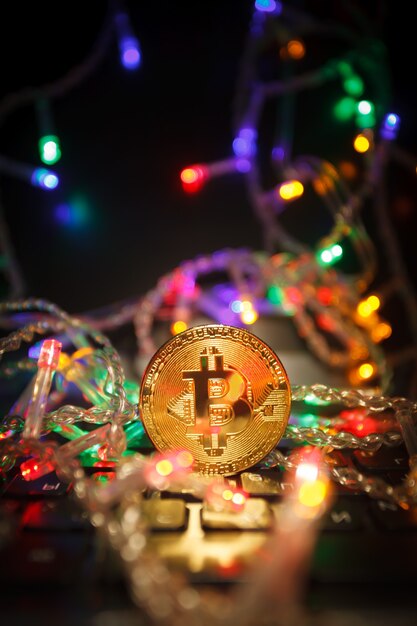 Cadeaux de guirlande de bitcoin de Noël et branches de sapin