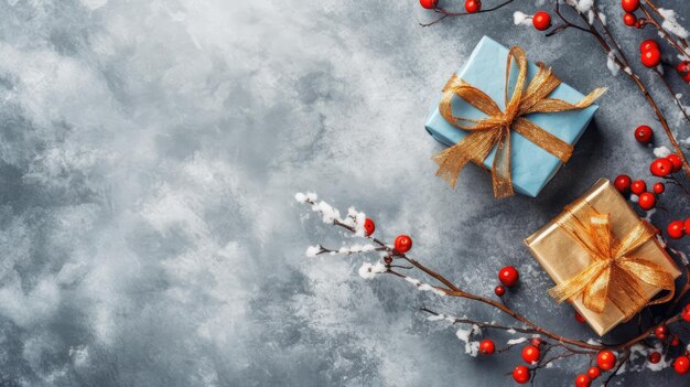 cadeaux d'hiver boissons biscuits et branches d'arbres d'hiver avec espace de copie
