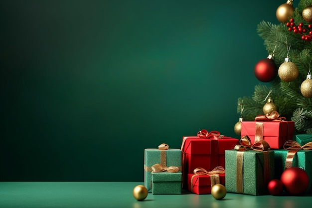 Des cadeaux de Noël Arafed sur une table avec un arbre de Noël en arrière-plan