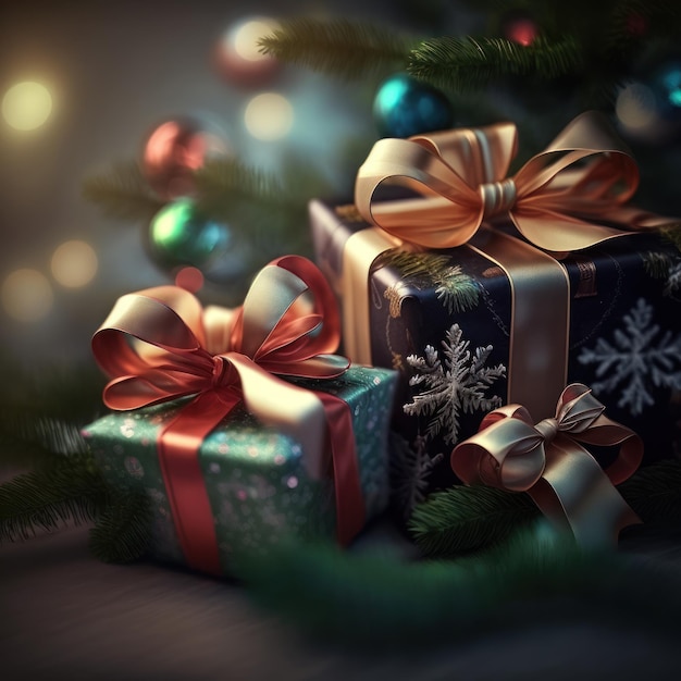 Cadeaux de Noël avec des arcs sur fond d'épicéa créés avec la technologie Generative AI