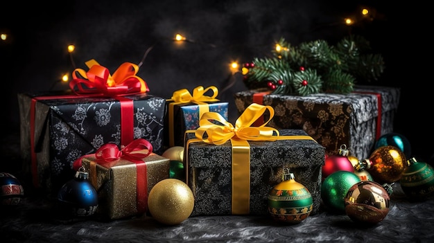 Des cadeaux de Noël des bougies d'arbre de Noël décorées d'étoiles de couleurs des boules sur fond noir