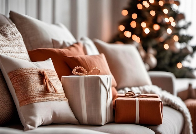 Photo des cadeaux de noël sur un canapé dans le salon avec un arbre de noël généré par l'ia